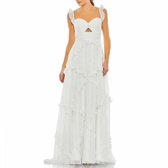 NWT MAC DUGGAL 68093 RUFFLE TIERED SLEEVELESS FLOWY A LINE‎ GOWN WHITE - Picture 1 of 6